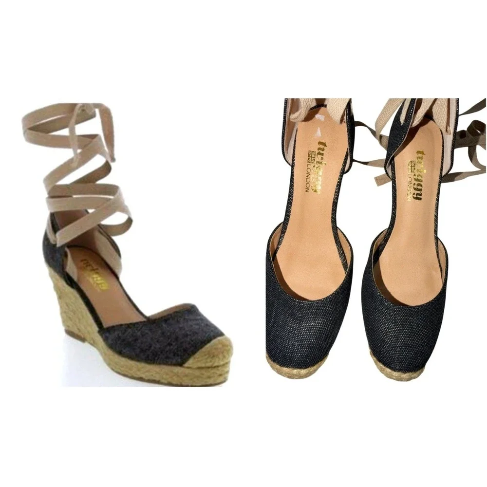 Twiggy London Espadrille Wedge Heels Navy‎ Metallic Lace Up Women's Shoes sz5